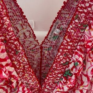 Poupette St. Barth Pink and White Floral Smocked V-Neck Mini Dress